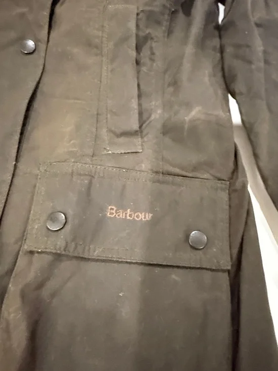 Barbour Olive Waxed Cotton Field Coat with Dark Cord Collar NEW Size 2 - Picture 3 of 5